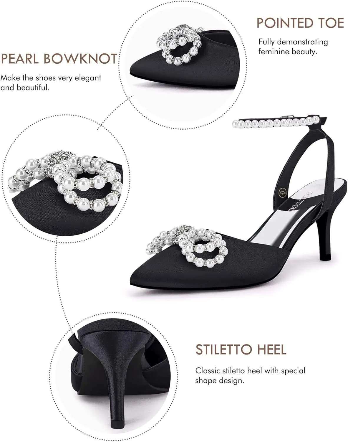 Coutgo Womens Bowknot Heels Pumps Stiletto Closed Pointed Toe Pearl Ankle Strap Wedding Dress Shoes
