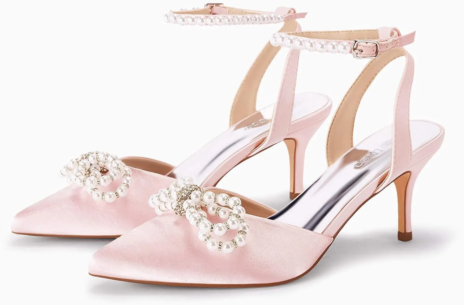 Coutgo Womens Bowknot Heels Pumps Stiletto Closed Pointed Toe Pearl Ankle Strap Wedding Dress Shoes