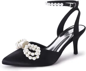 Coutgo Womens Bowknot Heels Pumps Stiletto Closed Pointed Toe Pearl Ankle Strap Wedding Dress Shoes