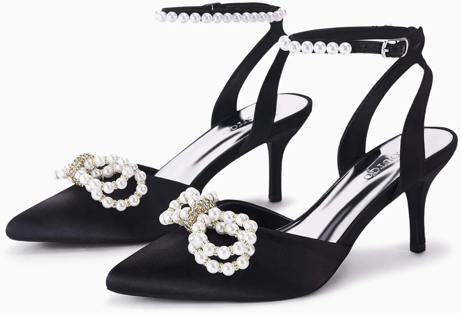 Coutgo Womens Bowknot Heels Pumps Stiletto Closed Pointed Toe Pearl Ankle Strap Wedding Dress Shoes