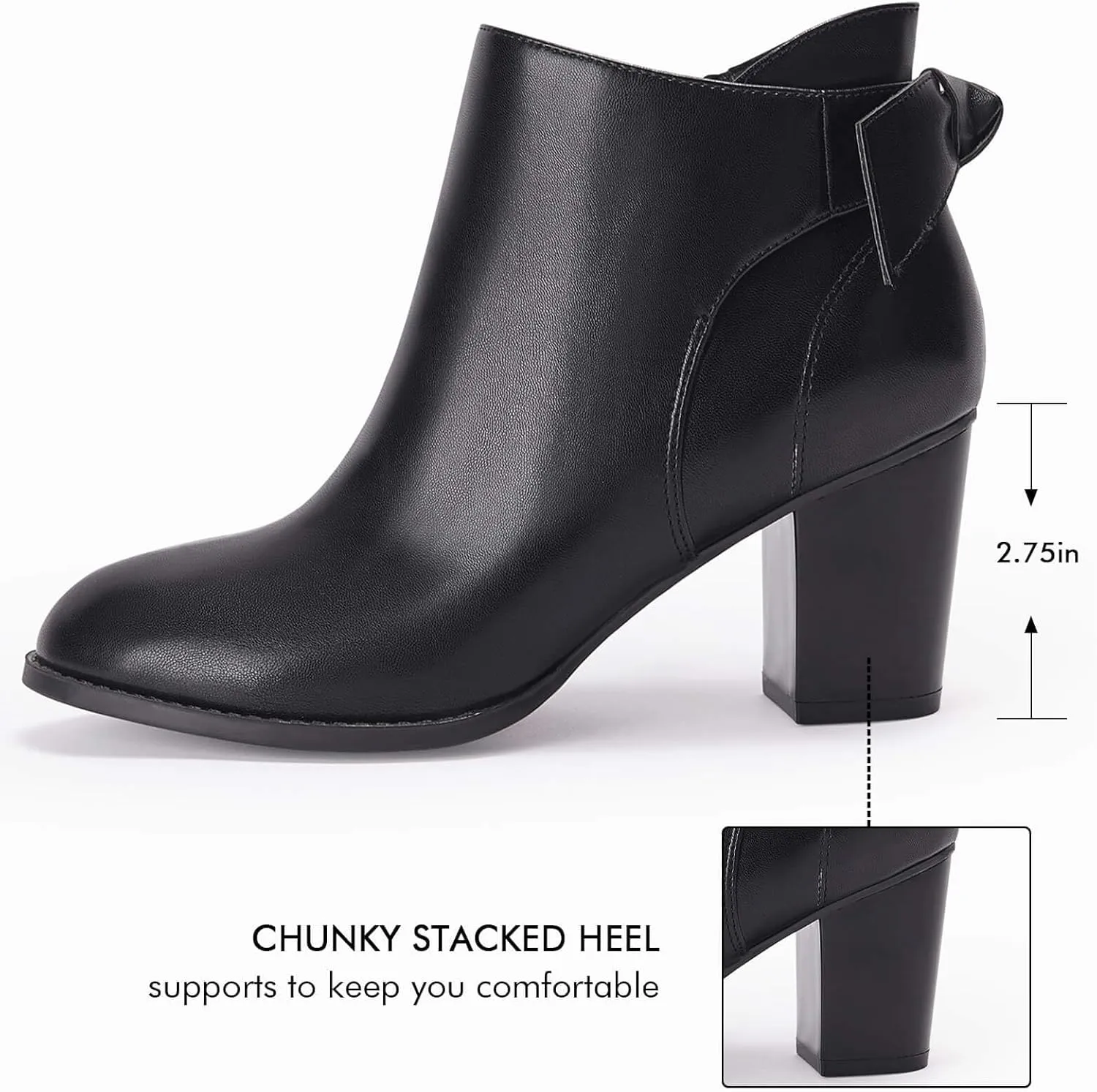 Coutgo Women's Fall Ankle Boots Shoes Chunky Block Stacked Heel Bow Tie Pointed Toe Dress Booties Side Zipper