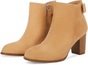 Coutgo Women's Fall Ankle Boots Shoes Chunky Block Stacked Heel Bow Tie Pointed Toe Dress Booties Side Zipper