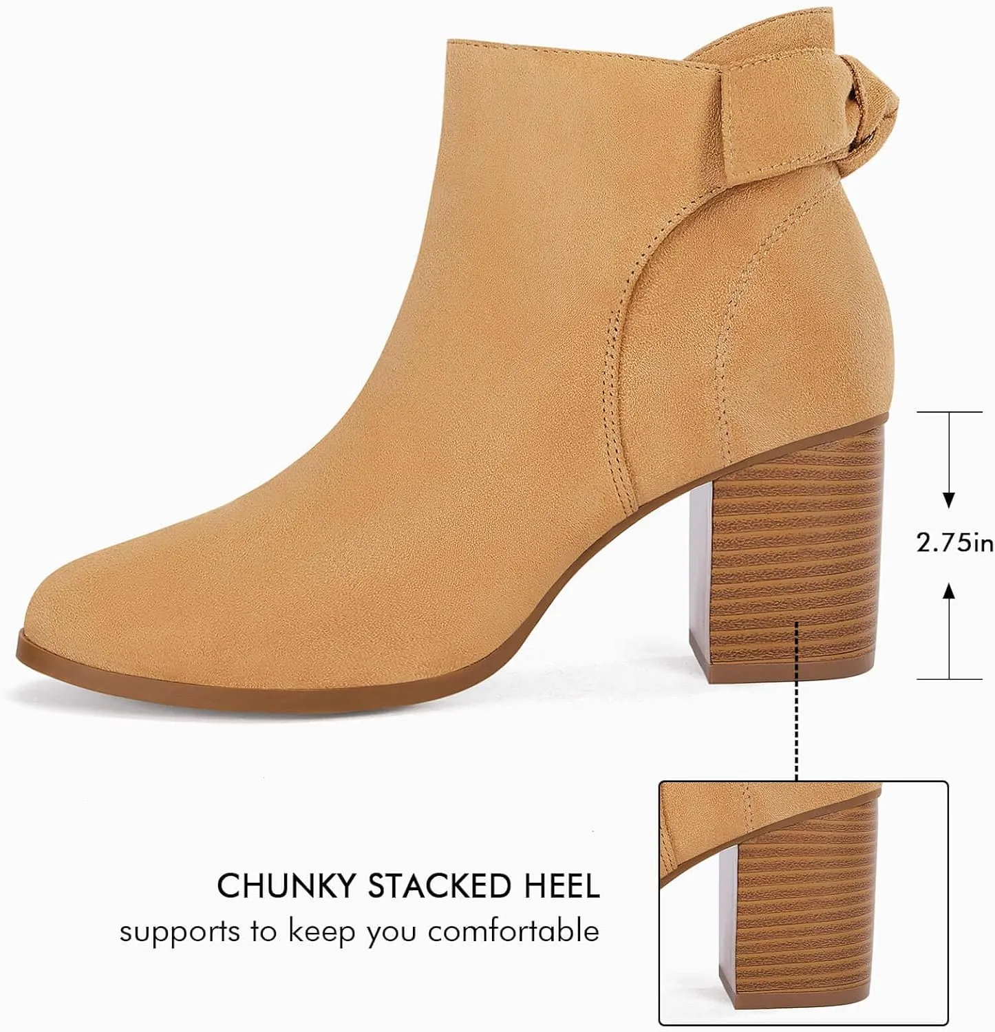 Coutgo Women's Fall Ankle Boots Shoes Chunky Block Stacked Heel Bow Tie Pointed Toe Dress Booties Side Zipper