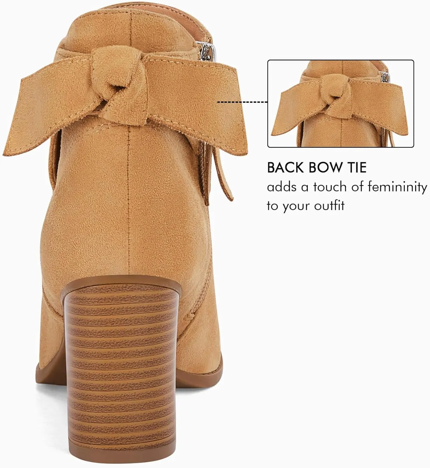 Coutgo Women's Fall Ankle Boots Shoes Chunky Block Stacked Heel Bow Tie Pointed Toe Dress Booties Side Zipper