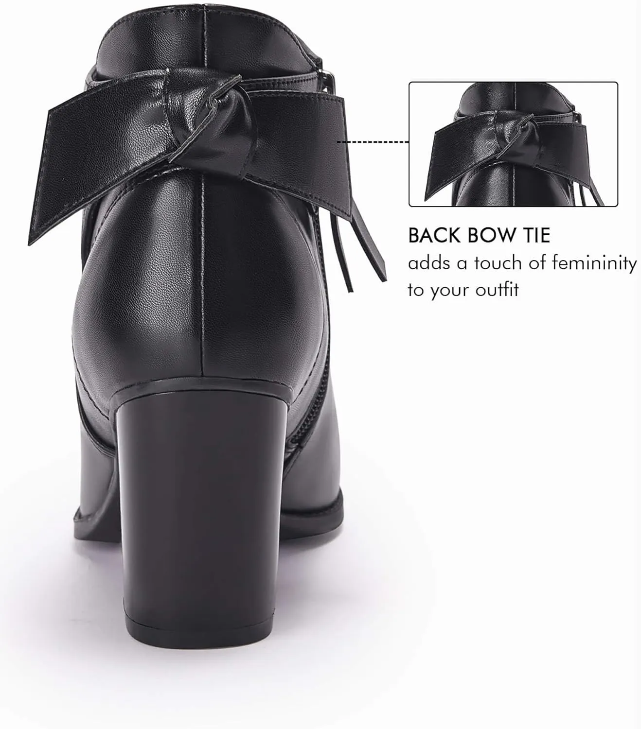 Coutgo Women's Fall Ankle Boots Shoes Chunky Block Stacked Heel Bow Tie Pointed Toe Dress Booties Side Zipper