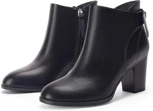 Coutgo Women's Fall Ankle Boots Shoes Chunky Block Stacked Heel Bow Tie Pointed Toe Dress Booties Side Zipper