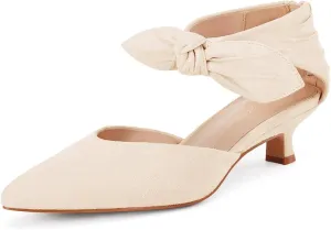 Coutgo Womens Low Kitten Heels Dress Shoes Closed Pointed Toe Bowknot Ankle Strap D'Orsay Zipper Pumps