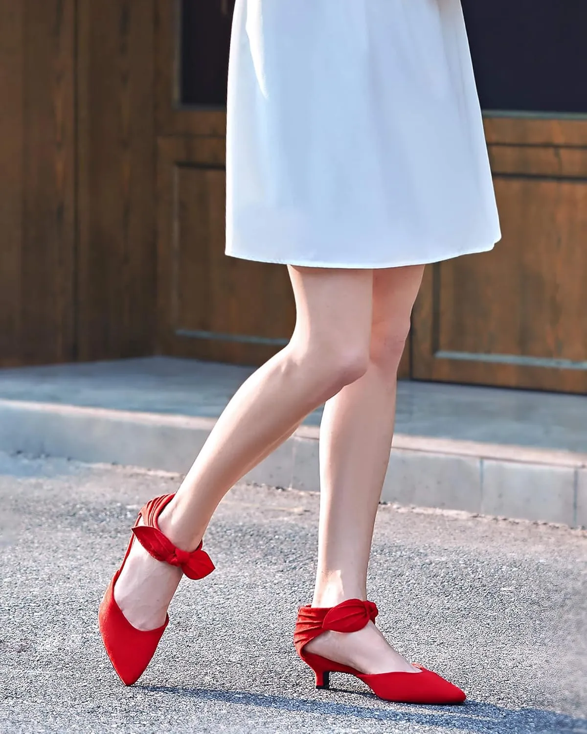 Coutgo Womens Low Kitten Heels Dress Shoes Closed Pointed Toe Bowknot Ankle Strap D'Orsay Zipper Pumps