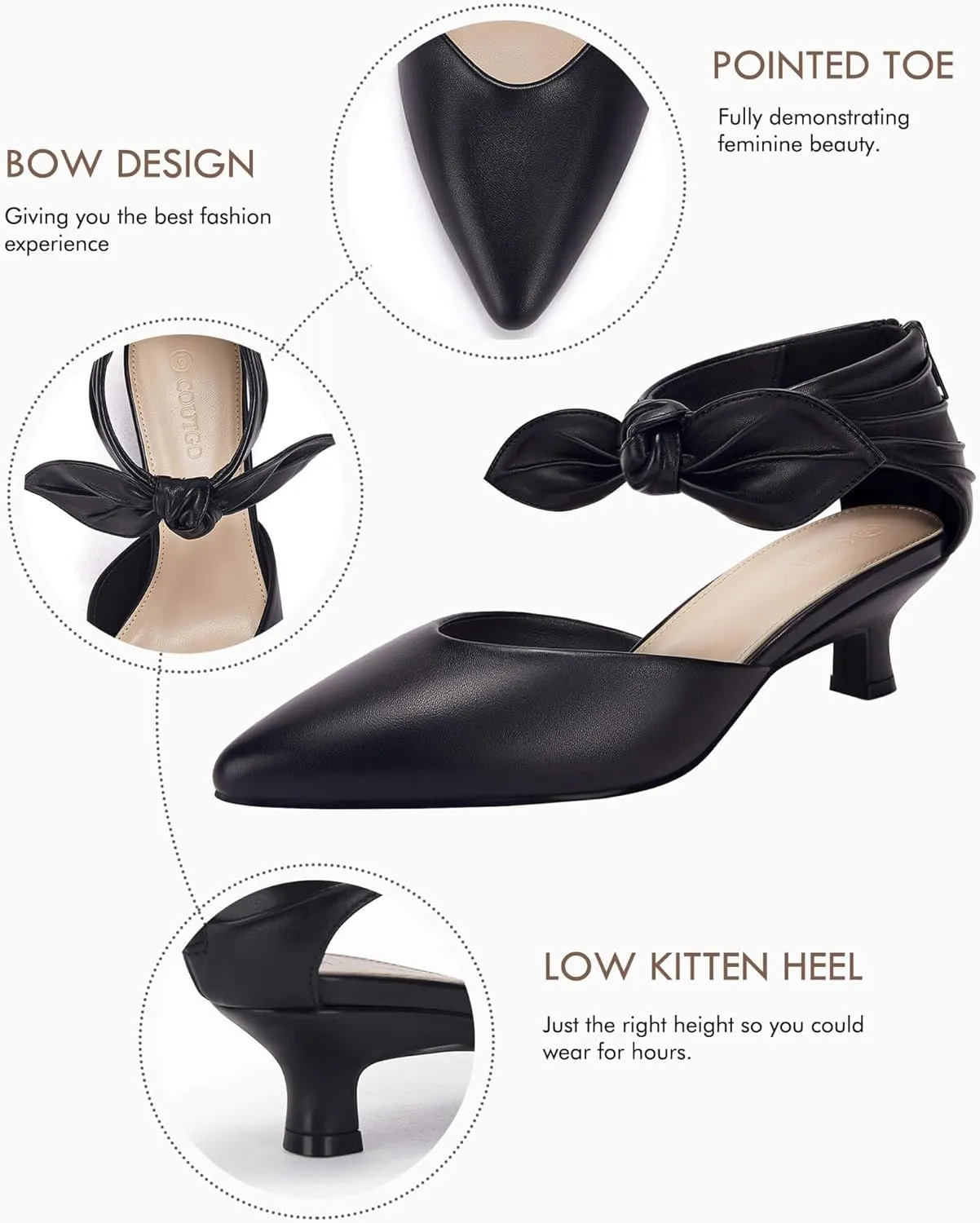 Coutgo Womens Low Kitten Heels Dress Shoes Closed Pointed Toe Bowknot Ankle Strap D'Orsay Zipper Pumps