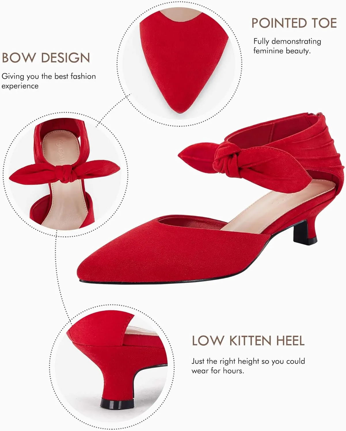 Coutgo Womens Low Kitten Heels Dress Shoes Closed Pointed Toe Bowknot Ankle Strap D'Orsay Zipper Pumps