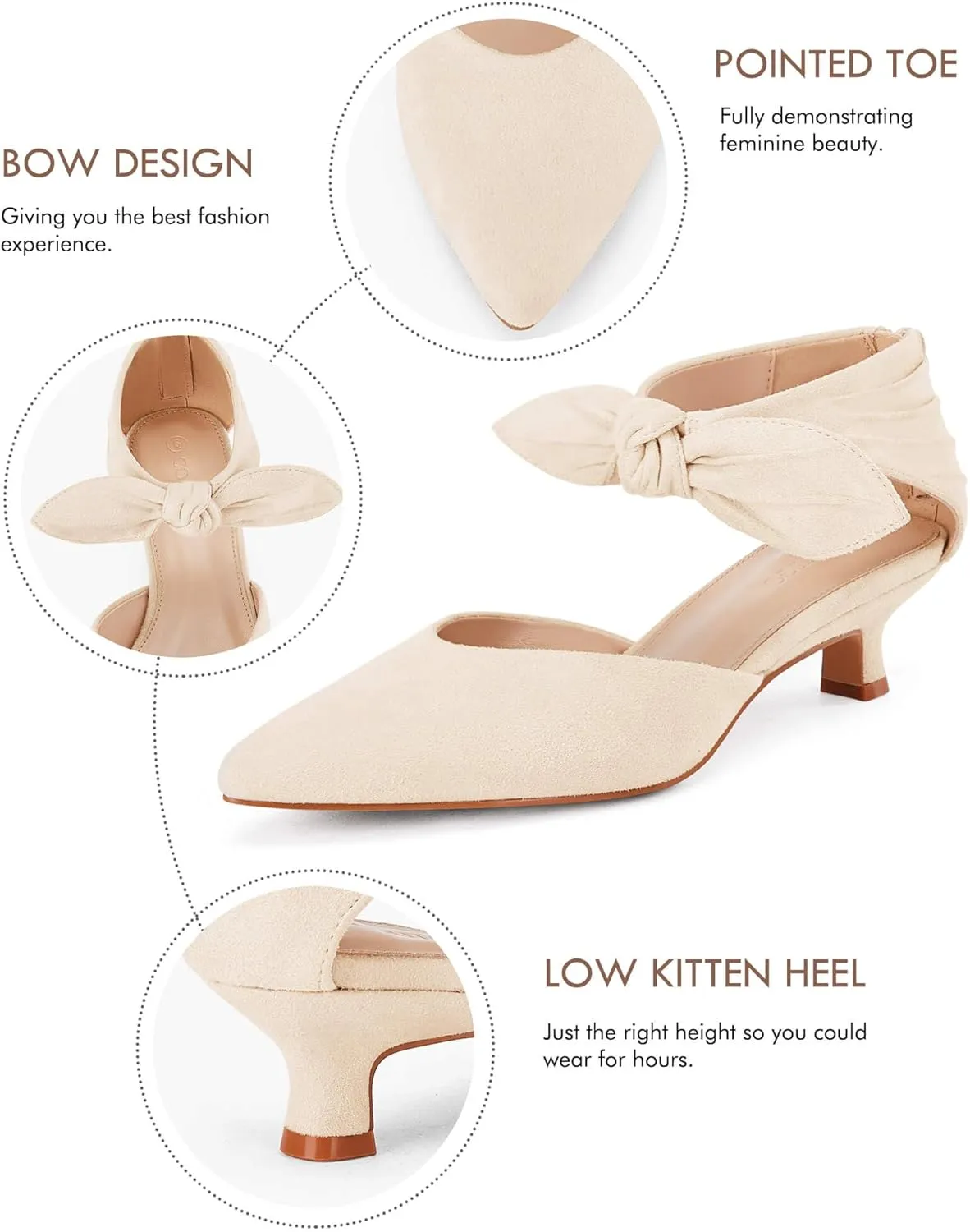 Coutgo Womens Low Kitten Heels Dress Shoes Closed Pointed Toe Bowknot Ankle Strap D'Orsay Zipper Pumps