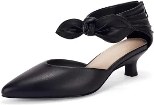 Coutgo Womens Low Kitten Heels Dress Shoes Closed Pointed Toe Bowknot Ankle Strap D'Orsay Zipper Pumps