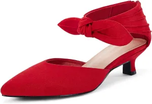 Coutgo Womens Low Kitten Heels Dress Shoes Closed Pointed Toe Bowknot Ankle Strap D'Orsay Zipper Pumps
