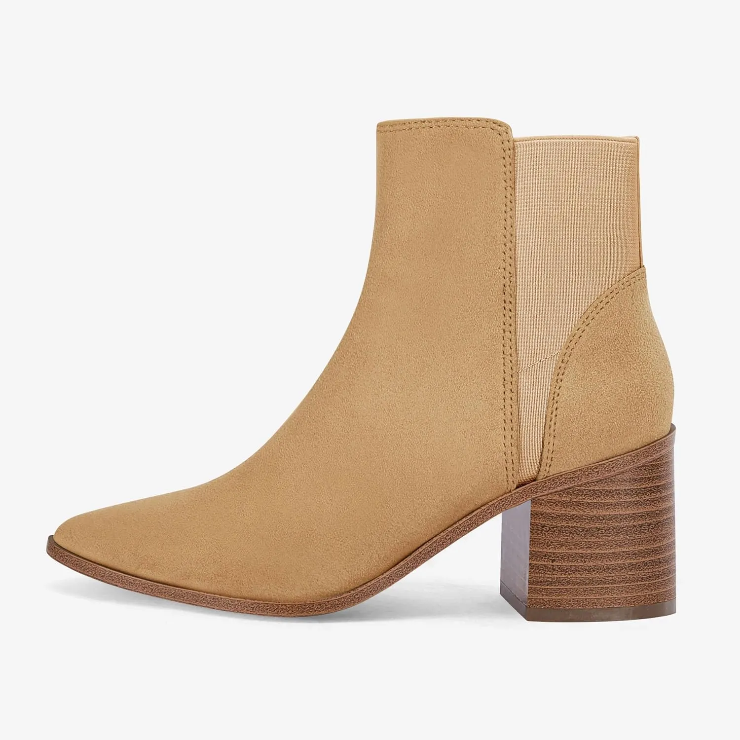 Coutgo Womens Pointed Toe Ankle Boots Elastic Chunky Block Stacked Mid Heel Slip On Chelsea Booties