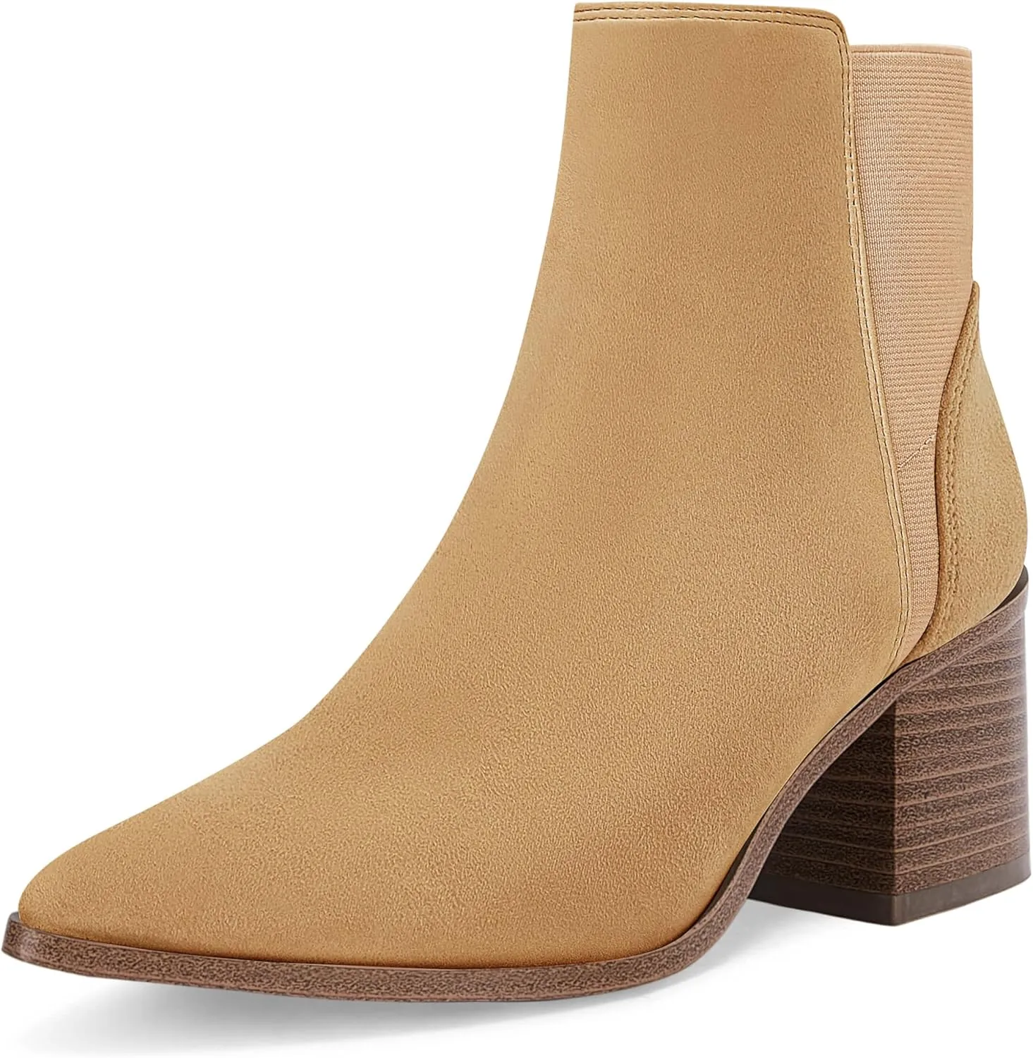 Coutgo Womens Pointed Toe Ankle Boots Elastic Chunky Block Stacked Mid Heel Slip On Chelsea Booties