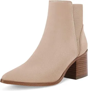 Coutgo Womens Pointed Toe Ankle Boots Elastic Chunky Block Stacked Mid Heel Slip On Chelsea Booties