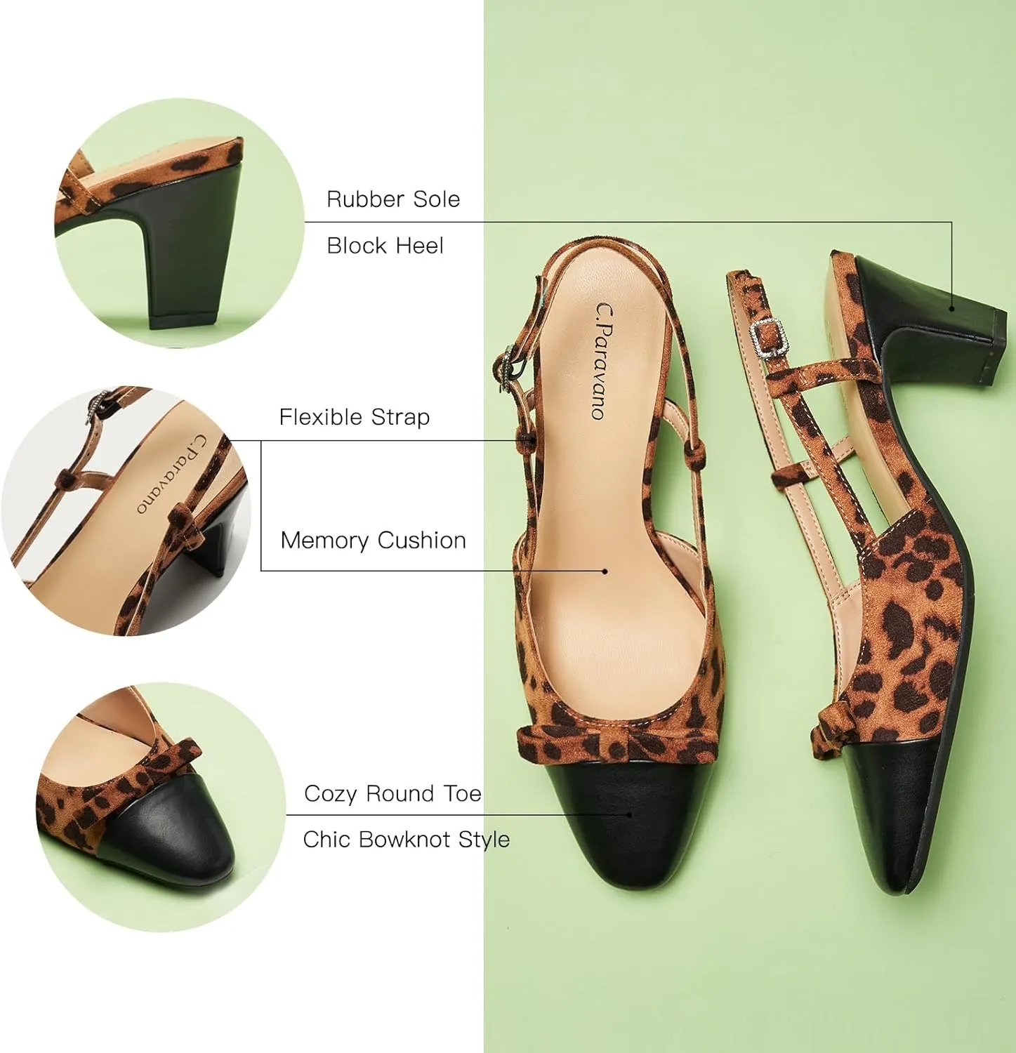 C.Paravano Women's Slingback Low Chunky Heels Round Toe Block Heel Pumps Splicing Bowknot Fashion Party Dress Shoes