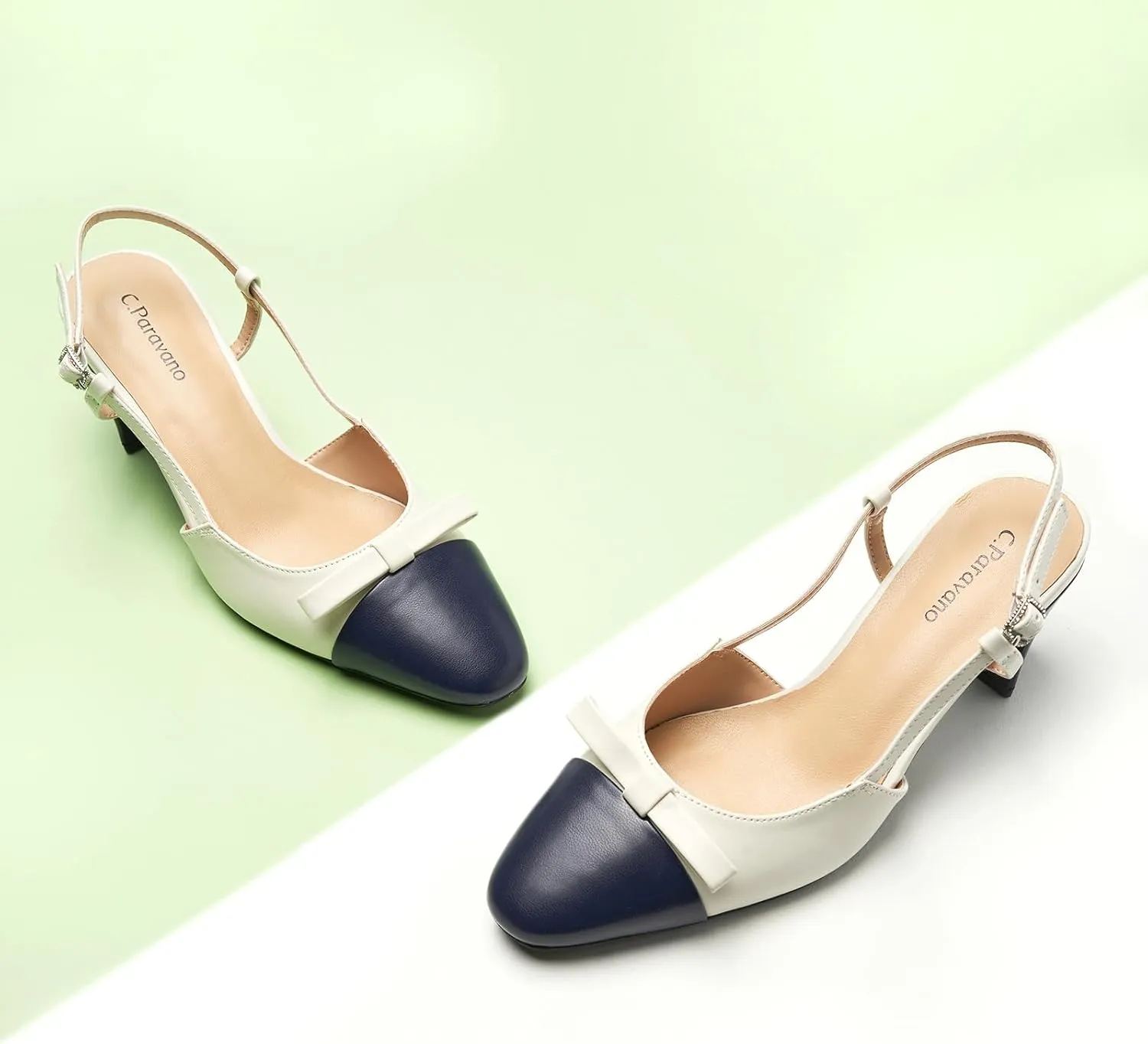 C.Paravano Women's Slingback Low Chunky Heels Round Toe Block Heel Pumps Splicing Bowknot Fashion Party Dress Shoes