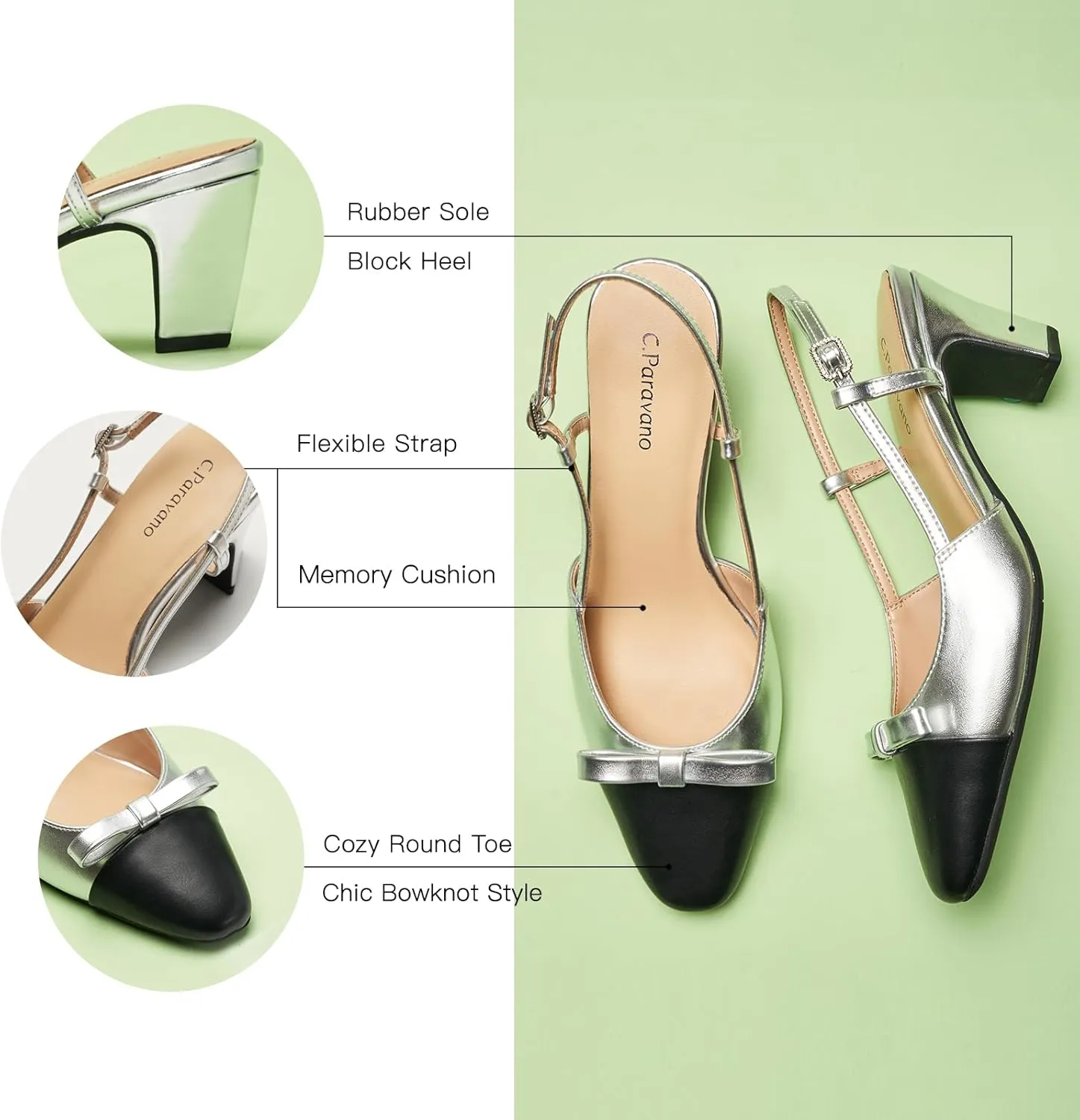 C.Paravano Women's Slingback Low Chunky Heels Round Toe Block Heel Pumps Splicing Bowknot Slip On Fashion Party Dress Shoes