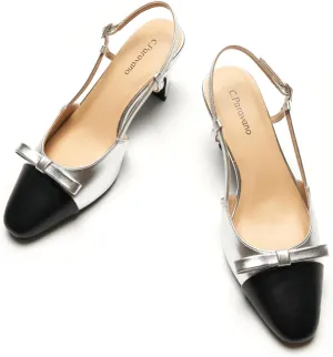 C.Paravano Women's Slingback Low Chunky Heels Round Toe Block Heel Pumps Splicing Bowknot Slip On Fashion Party Dress Shoes