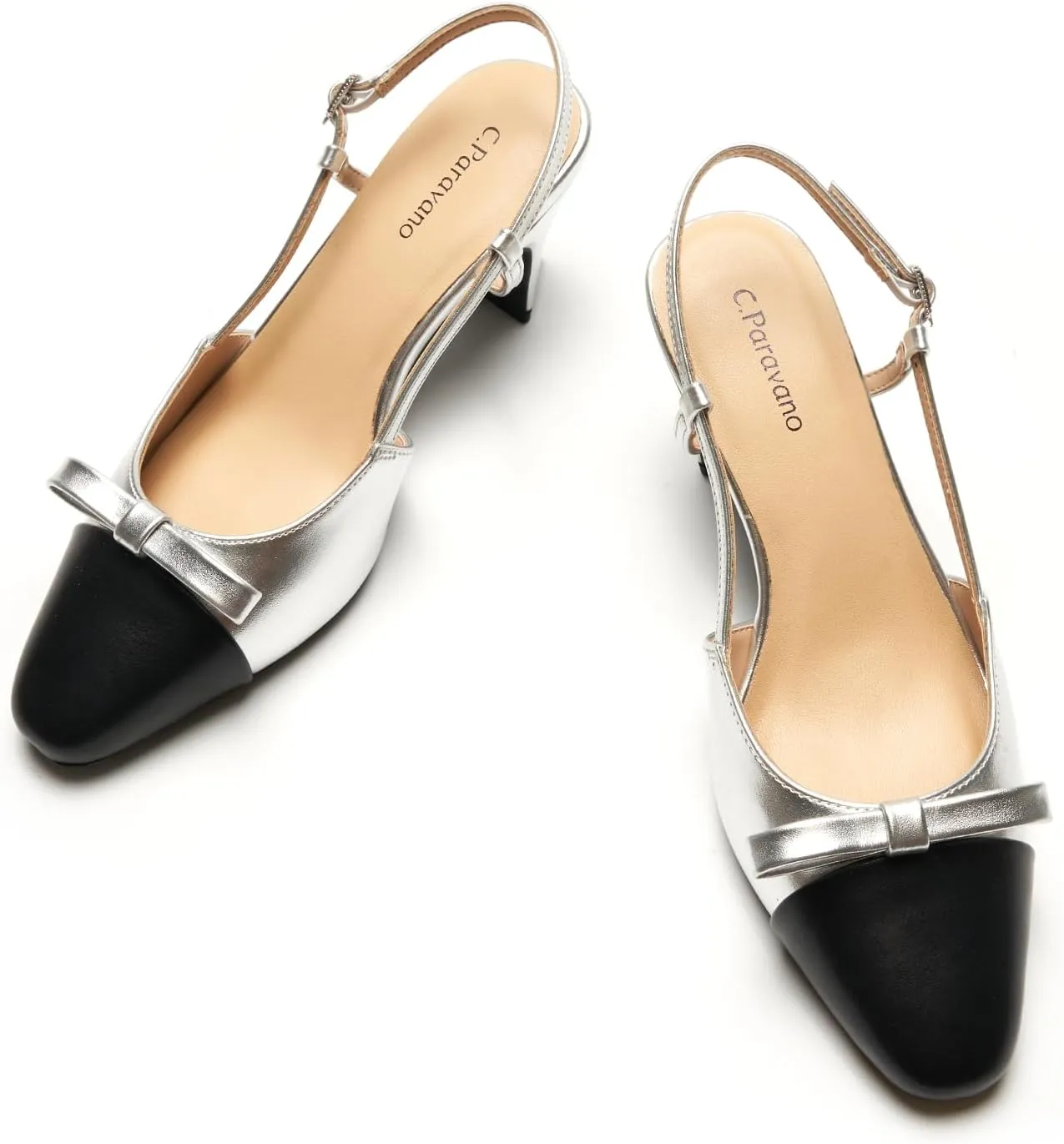 C.Paravano Women's Slingback Low Chunky Heels Round Toe Block Heel Pumps Splicing Bowknot Slip On Fashion Party Dress Shoes