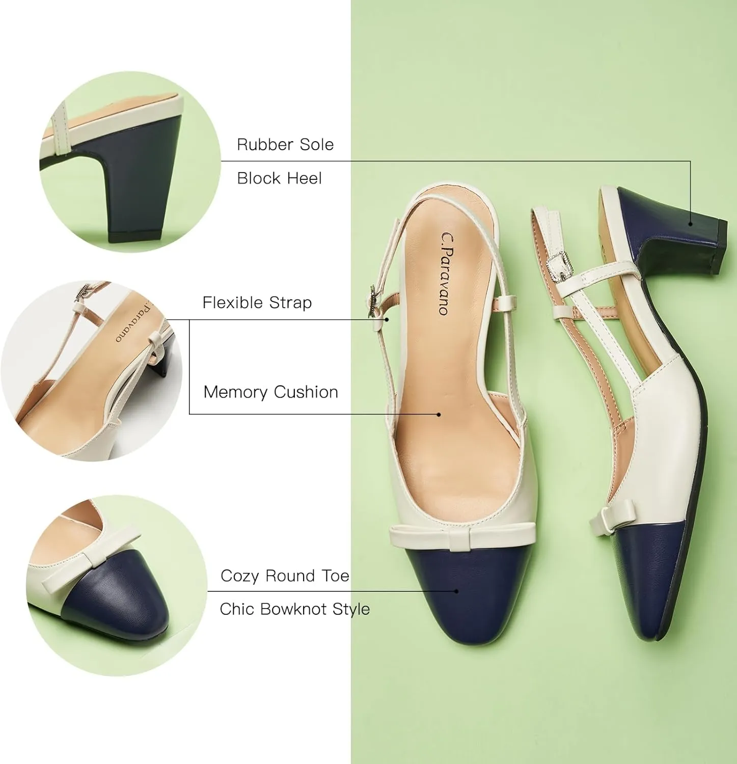 C.Paravano Women's Slingback Low Chunky Heels Round Toe Block Heel Pumps Splicing Bowknot Slip On Fashion Party Dress Shoes