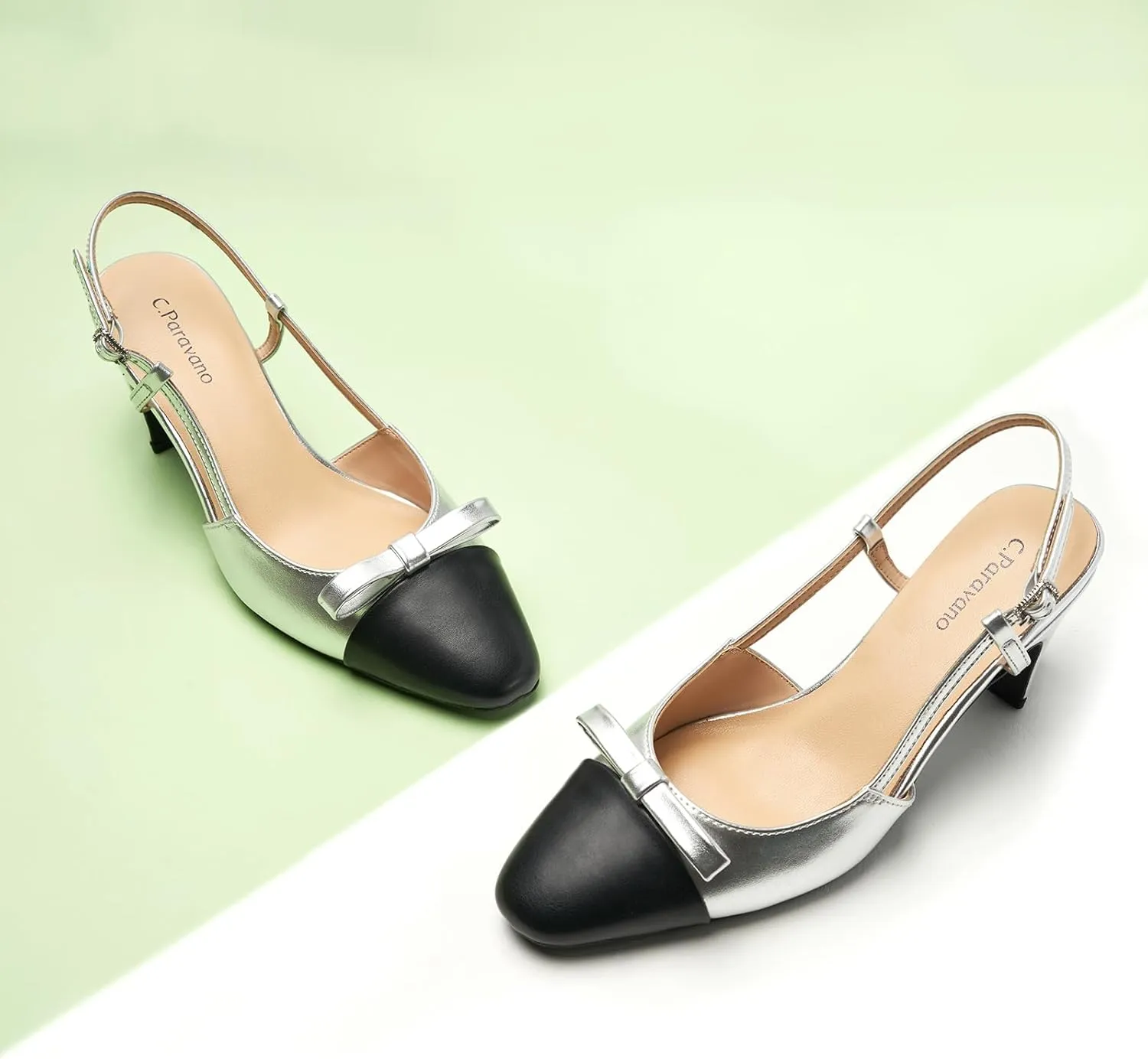 C.Paravano Women's Slingback Low Chunky Heels Round Toe Block Heel Pumps Splicing Bowknot Slip On Fashion Party Dress Shoes