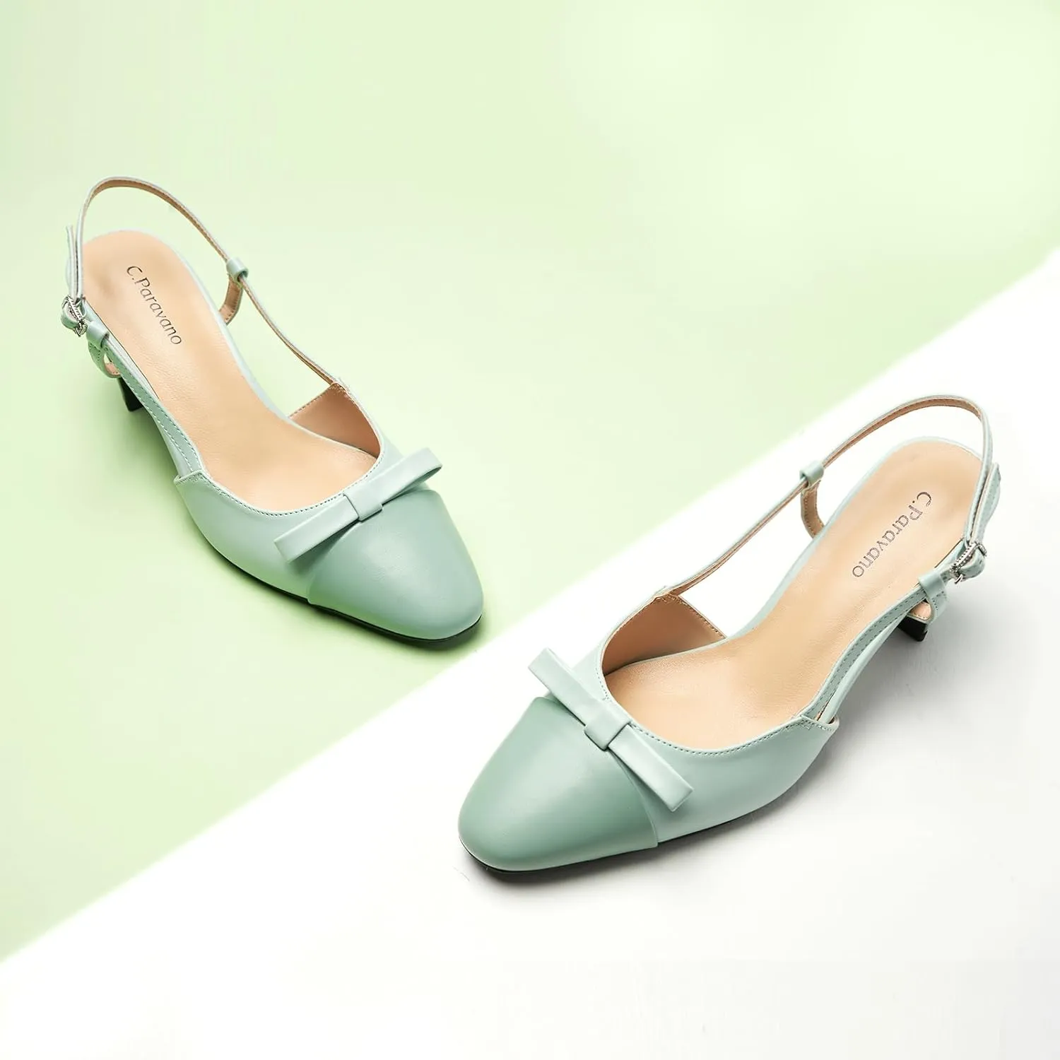 C.Paravano Women's Slingback Low Chunky Heels Round Toe Block Heel Pumps Splicing Bowknot Slip On Fashion Party Dress Shoes