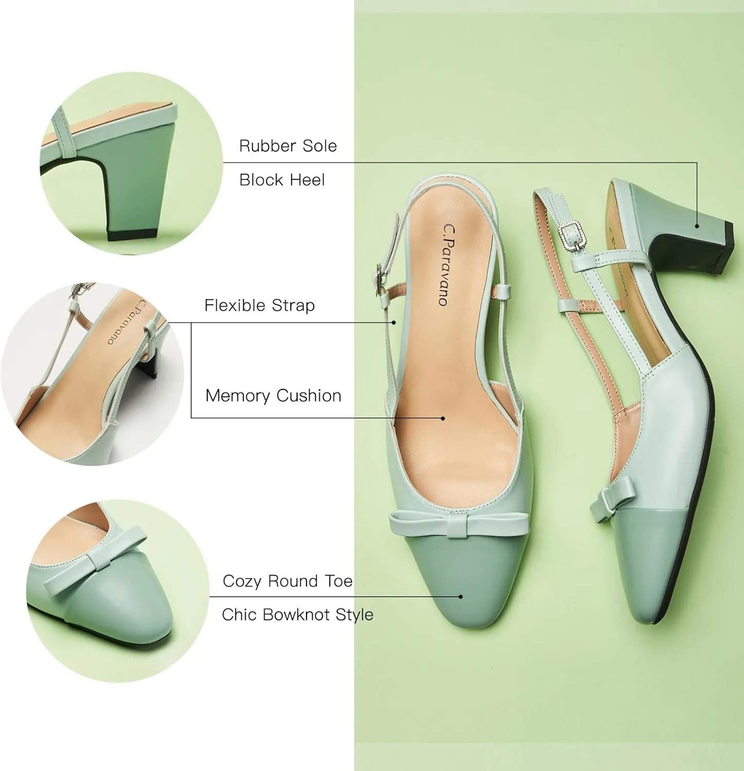 C.Paravano Women's Slingback Low Chunky Heels Round Toe Block Heel Pumps Splicing Bowknot Slip On Fashion Party Dress Shoes