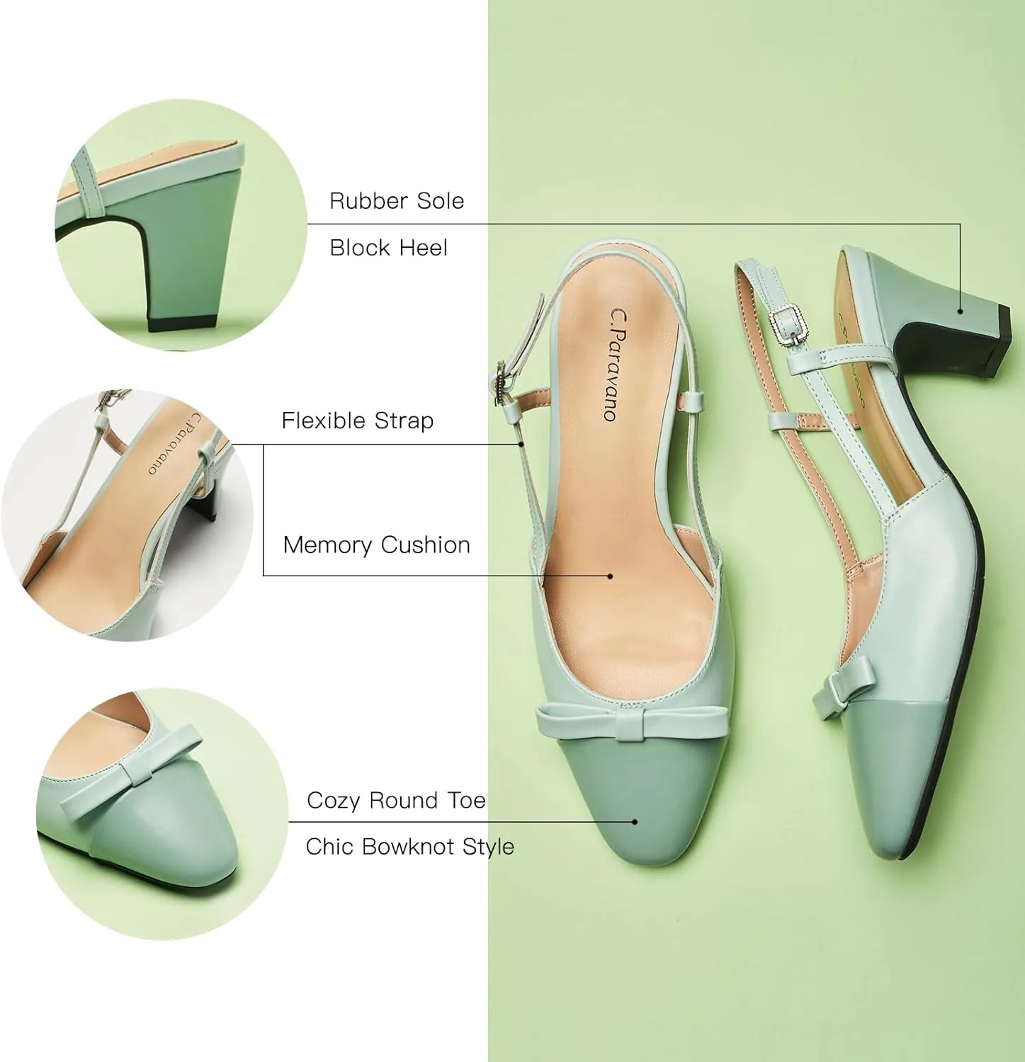 C.Paravano Women's Slingback Low Chunky Heels Round Toe Block Heel Pumps Splicing Bowknot Slip On Fashion Party Dress Shoes