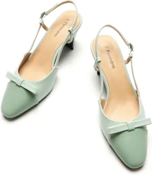 C.Paravano Women's Slingback Low Chunky Heels Round Toe Block Heel Pumps Splicing Bowknot Slip On Fashion Party Dress Shoes