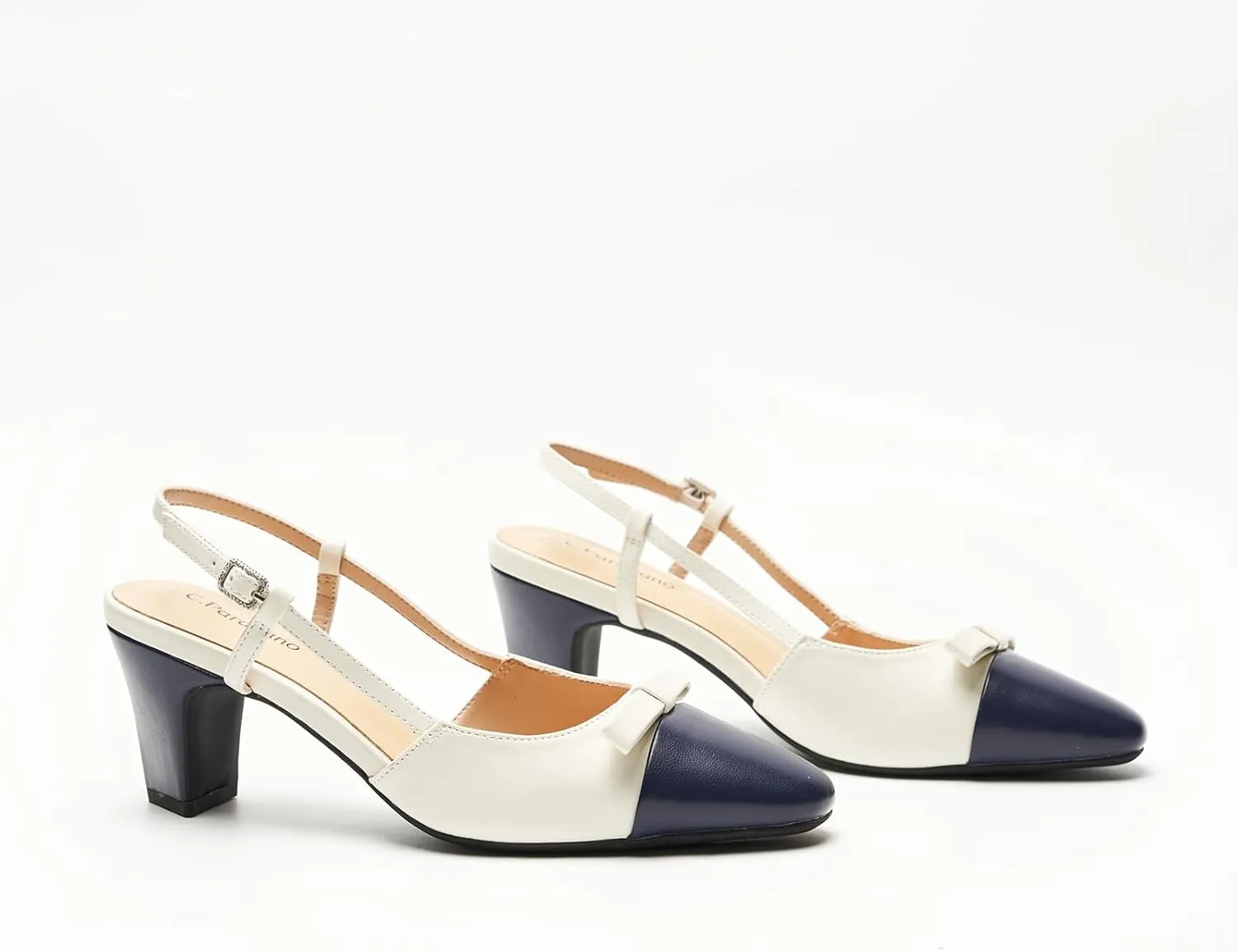 C.Paravano Women's Slingback Low Chunky Heels Round Toe Block Heel Pumps Splicing Bowknot Slip On Fashion Party Dress Shoes
