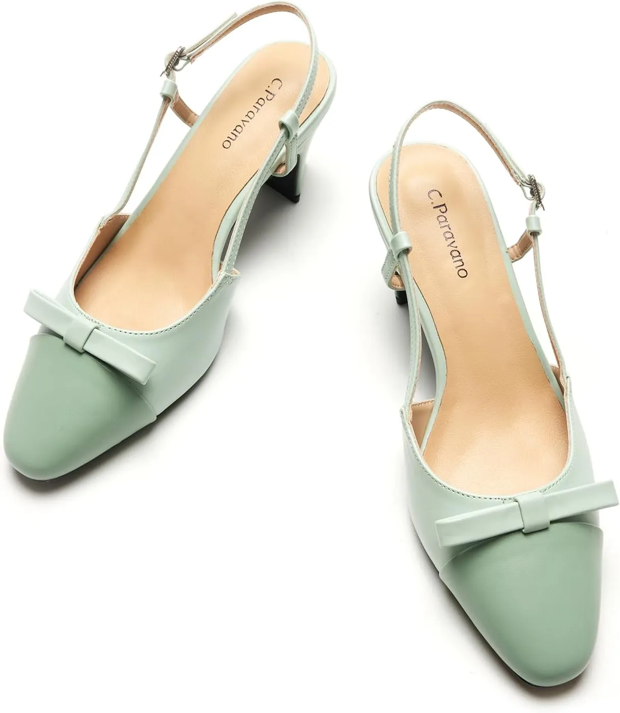 C.Paravano Women's Slingback Low Chunky Heels Round Toe Block Heel Pumps Splicing Bowknot Slip On Fashion Party Dress Shoes