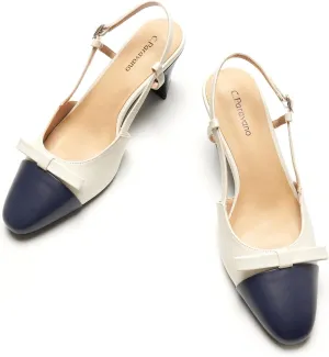C.Paravano Women's Slingback Low Chunky Heels Round Toe Block Heel Pumps Splicing Bowknot Slip On Fashion Party Dress Shoes