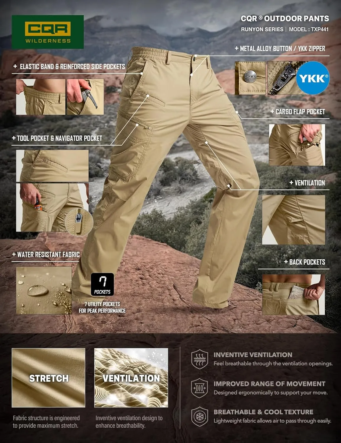 CQR Men's Quick Dry Tactical Pants, Water Resistant Outdoor Pants, Lightweight Stretch Cargo Work Hiking Pants
