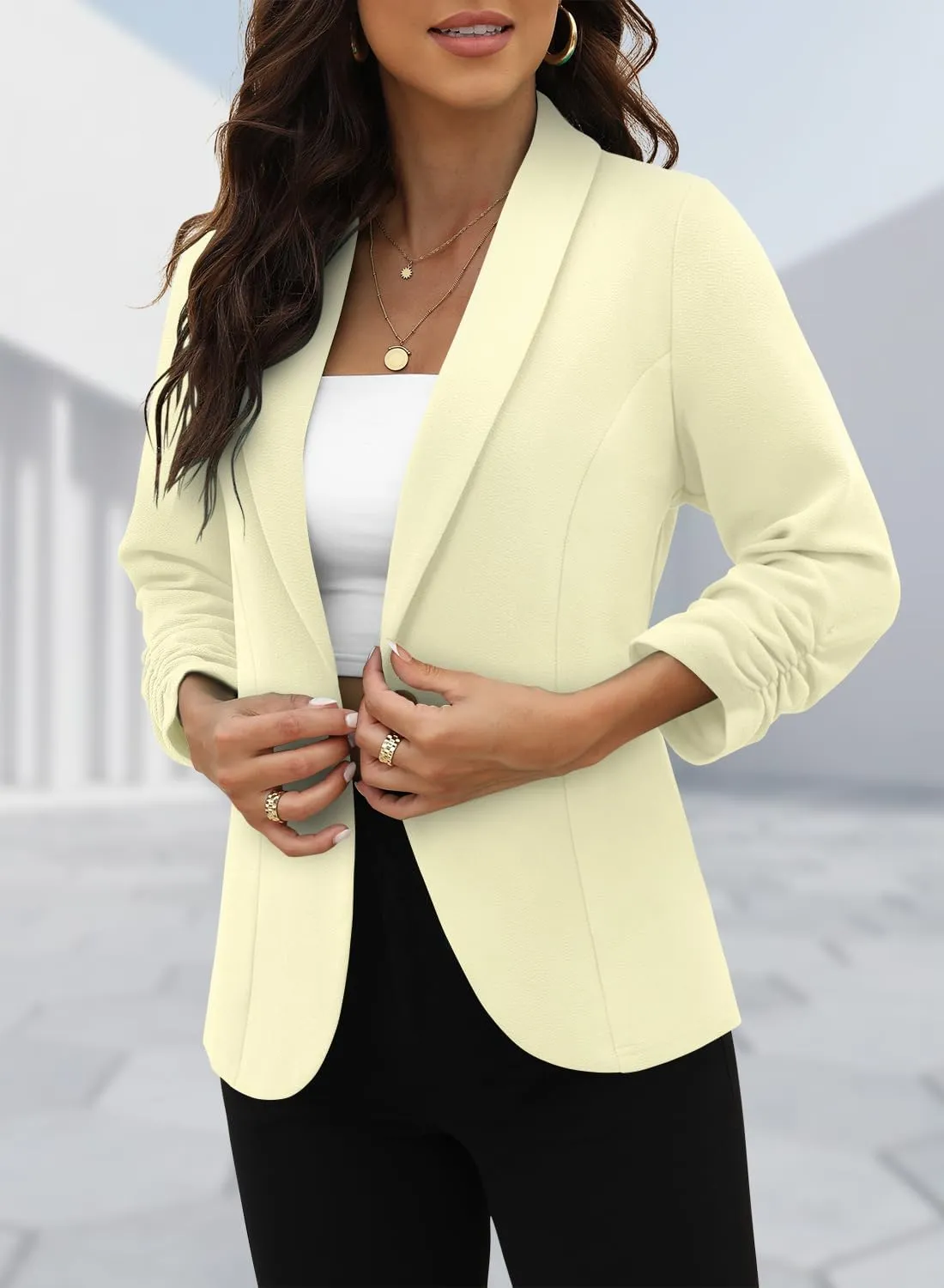 CRAZY GRID Women 3/4 Sleeve Business Casual Blazer Lightweight Fashion Open Front Stretch Suit Jacket