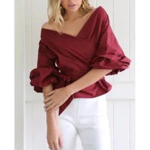 Crimson Charm: Off-Shoulder Bowknot Top – Wine Red