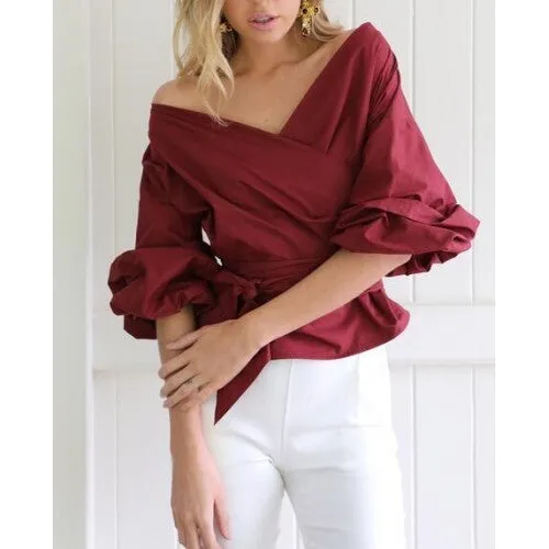 Crimson Charm: Off-Shoulder Bowknot Top – Wine Red