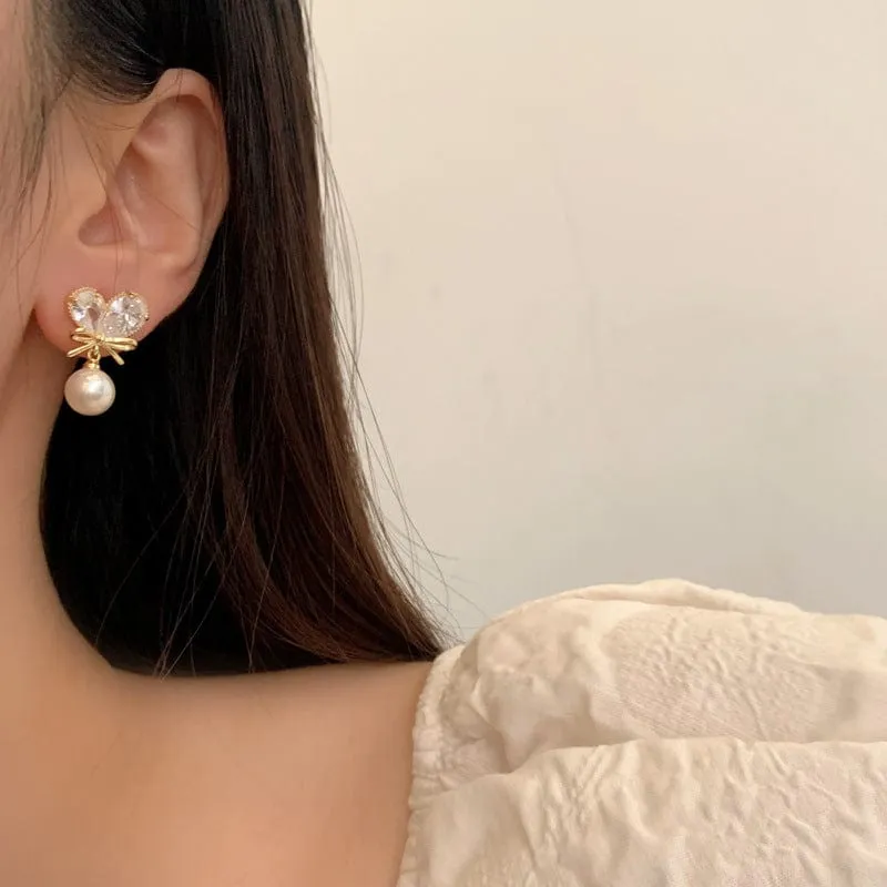 Crystal Bowknot Heart Pearl Earrings