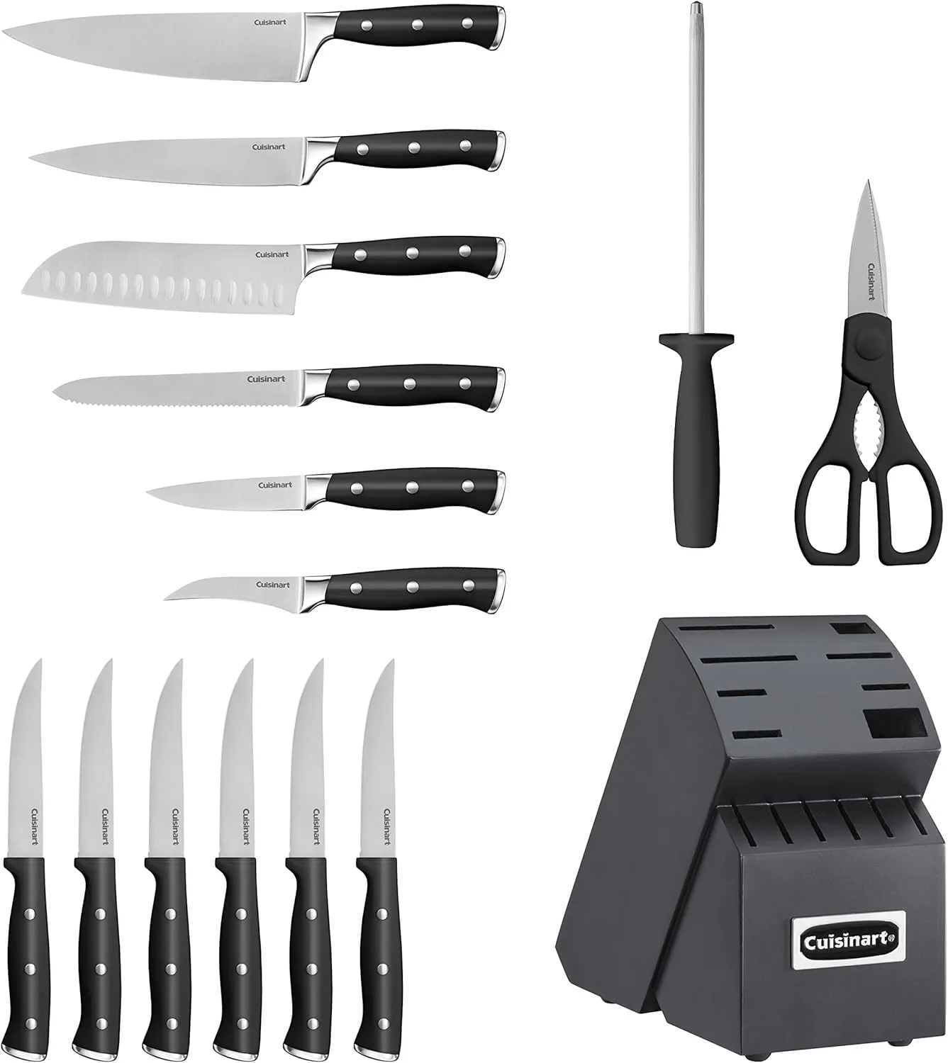 Cuisinart 15-Piece Knife Set with Block, High Carbon Stainless Steel, Forged Triple Rivet, Black/Black C77BTR-15PBK