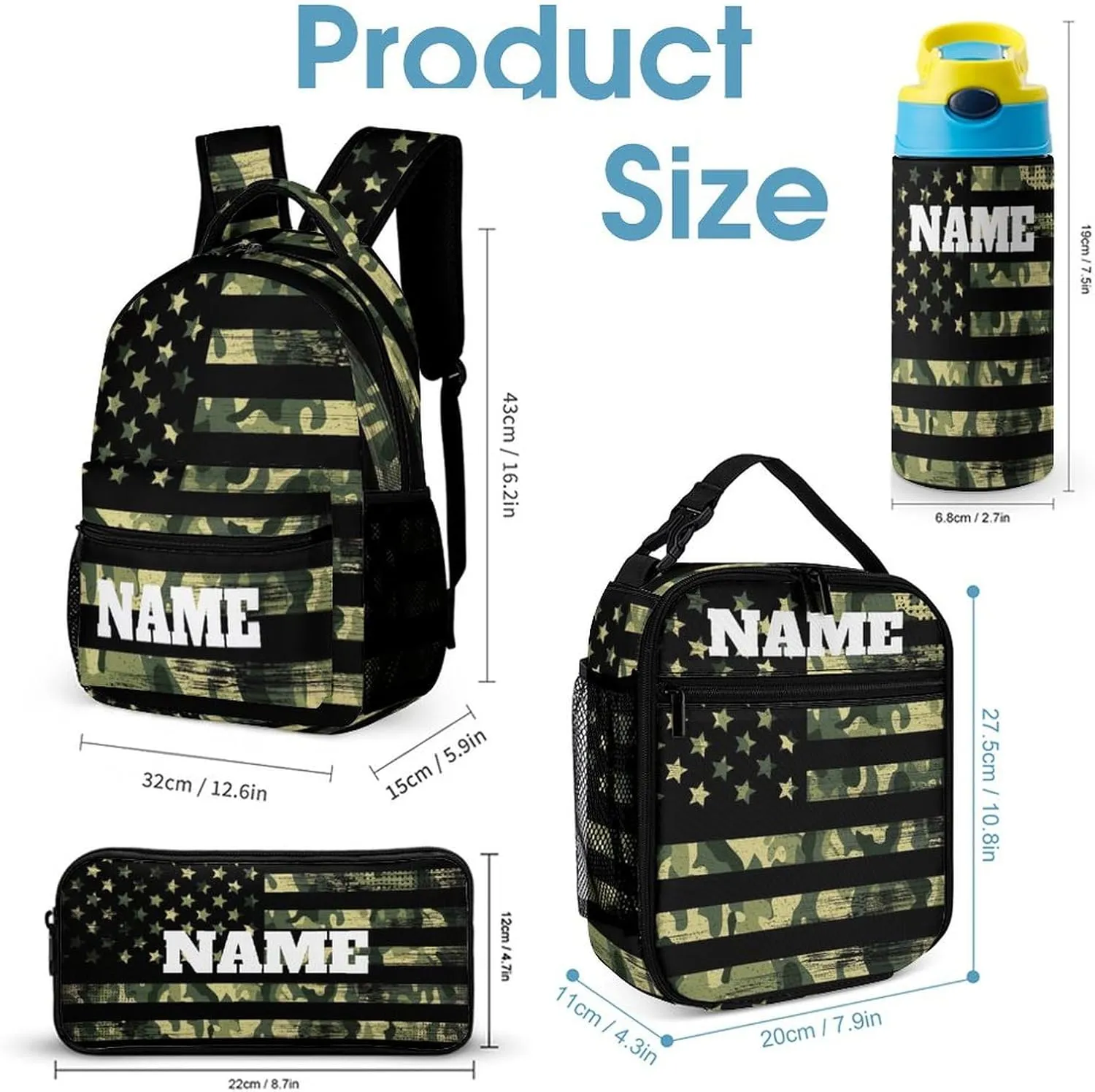 Custom Green Camouflage American Flag 4Pcs Backpack Set with Lunch Bag Pencil Case Water Bottle Personalized Name Text School Book Bags Customized Backpack Set for Girls Boys Kids