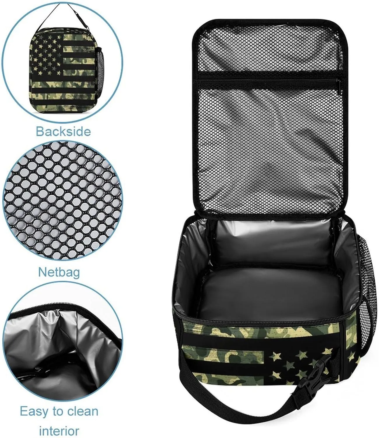 Custom Green Camouflage American Flag 4Pcs Backpack Set with Lunch Bag Pencil Case Water Bottle Personalized Name Text School Book Bags Customized Backpack Set for Girls Boys Kids