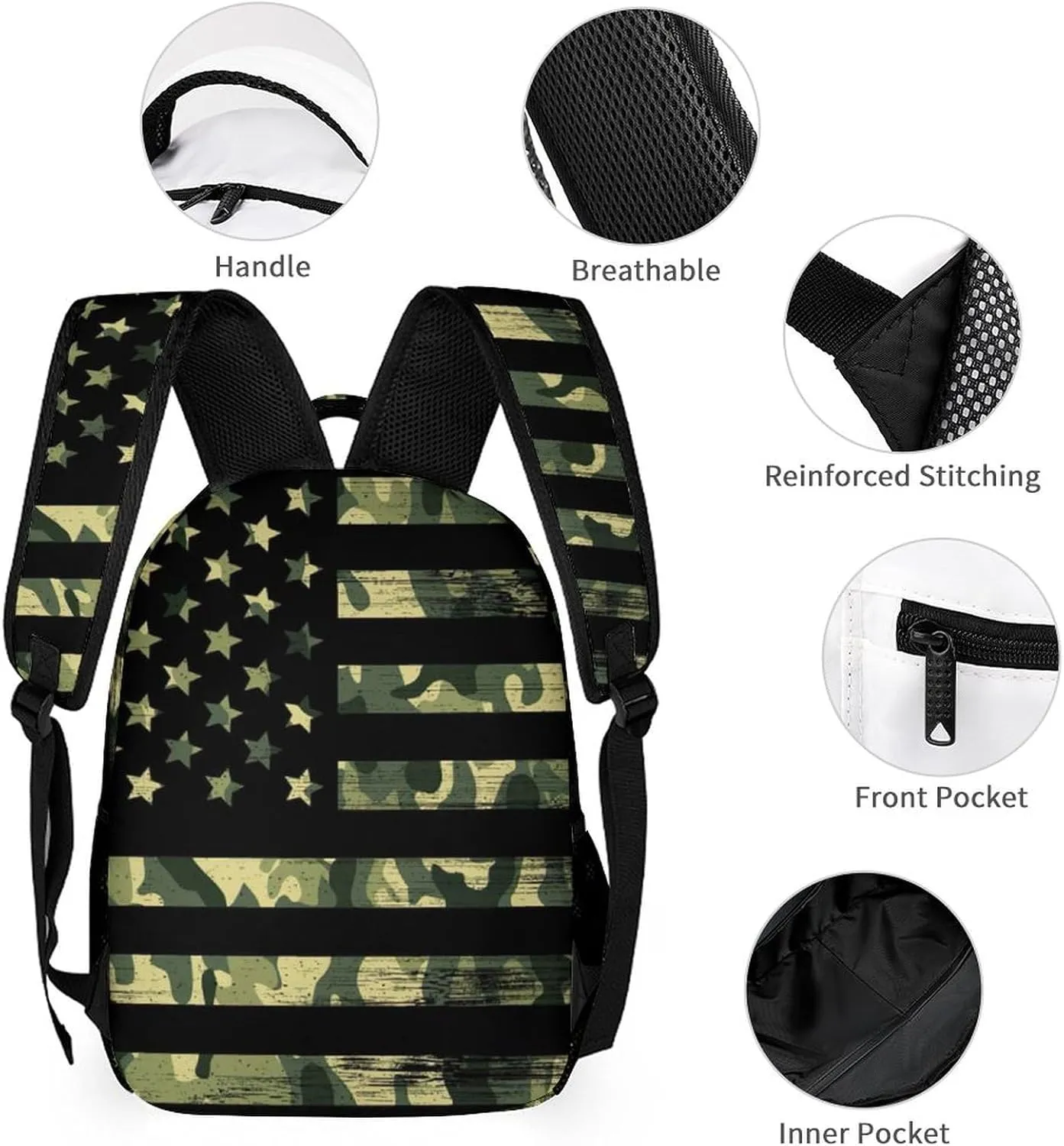 Custom Green Camouflage American Flag 4Pcs Backpack Set with Lunch Bag Pencil Case Water Bottle Personalized Name Text School Book Bags Customized Backpack Set for Girls Boys Kids