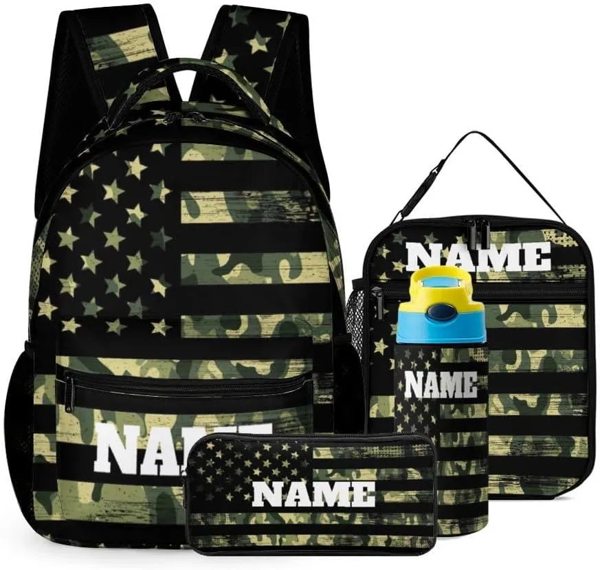 Custom Green Camouflage American Flag 4Pcs Backpack Set with Lunch Bag Pencil Case Water Bottle Personalized Name Text School Book Bags Customized Backpack Set for Girls Boys Kids