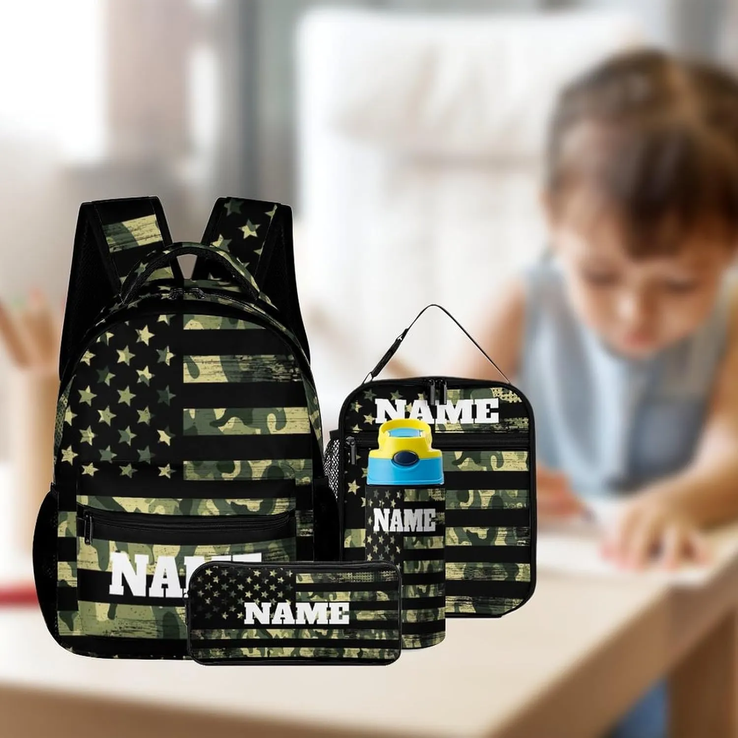 Custom Green Camouflage American Flag 4Pcs Backpack Set with Lunch Bag Pencil Case Water Bottle Personalized Name Text School Book Bags Customized Backpack Set for Girls Boys Kids