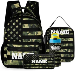 Custom Green Camouflage American Flag 4Pcs Backpack Set with Lunch Bag Pencil Case Water Bottle Personalized Name Text School Book Bags Customized Backpack Set for Girls Boys Kids