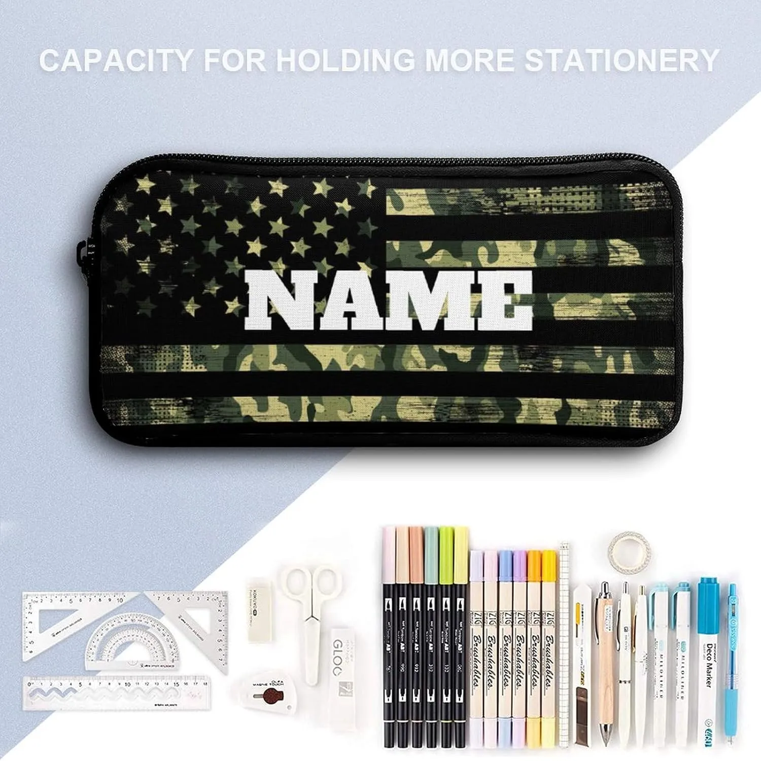 Custom Green Camouflage American Flag 4Pcs Backpack Set with Lunch Bag Pencil Case Water Bottle Personalized Name Text School Book Bags Customized Backpack Set for Girls Boys Kids