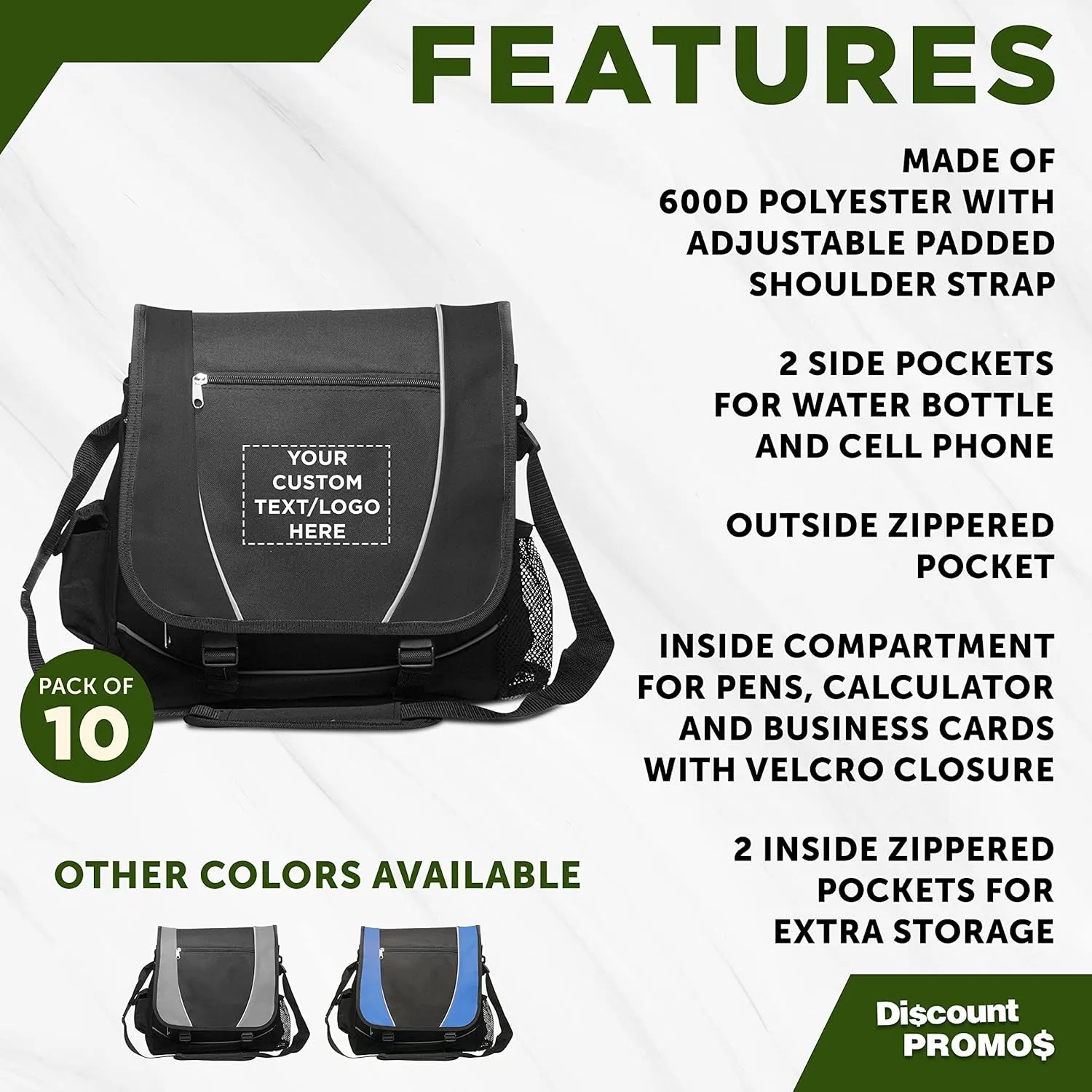 Custom Messenger Bags & Laptop Bags Set of 10, Personalized Bulk Pack - Perfect for Employees, Students, And For Everyday Use - Black
