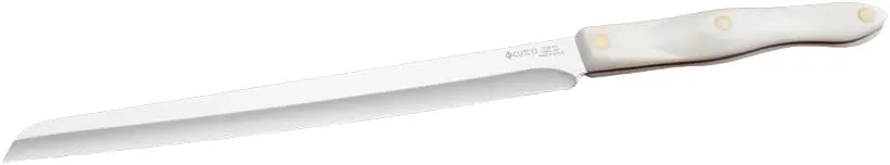 CUTCO Model 3724 White (Pearl) Santoku Slicer Knife with High Carbon Stainless 10.10" Double-D serrated edge blade and 5.5" handle in factory-sealed plastic bag.