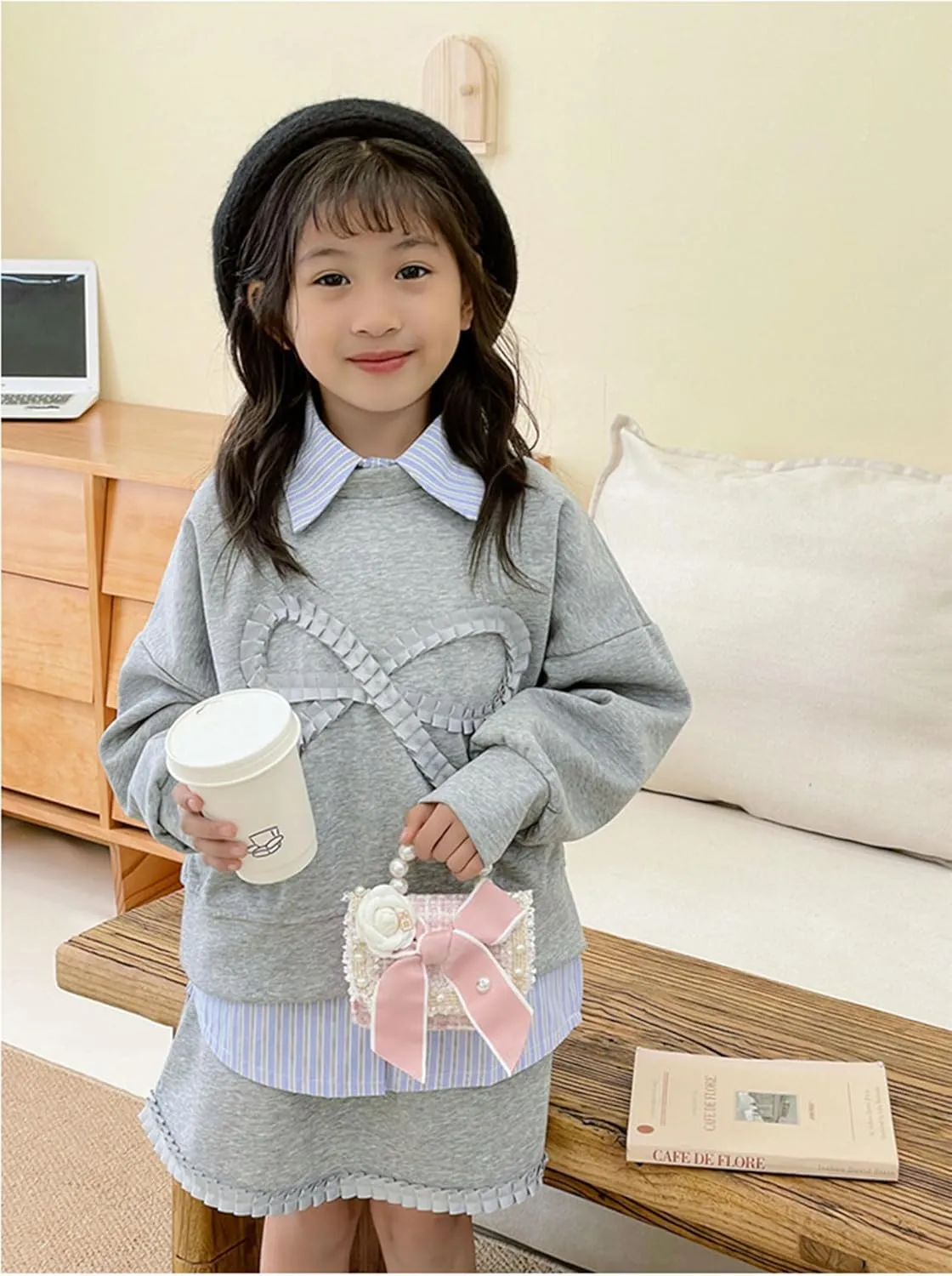 Cute Crossboby Purse with Bowknot Shoulder Bag for Little Girls, Girls Kids Fashion Handbags with Pearl Handle